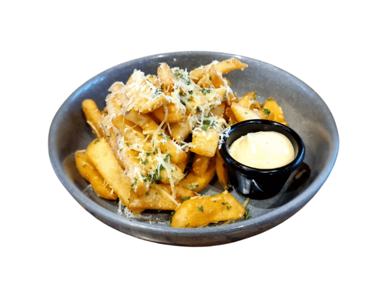 Gourmet garlic parmesan fries with aioli at Black Cottage Cafe, Coatesville's casual dining spot.